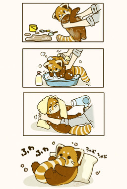 bathing black_eyes black_nose brown_body chibi dot_eyes duo eyes_closed feral kemono pillow simple_eyes solo solo_focus towel shi_nominmin ailurid human mammal red_panda 2024 hi_res