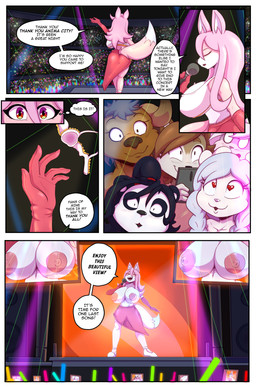 anthro areola big_breasts blush breasts clothed clothing concert eyelashes female flashing fur group hair huge_breasts long_hair male nipples pink_body pink_fur pink_hair stage text white_body white_fur bigdon1992 martincorps brand_new_animal studio_trigger nazuna_hiwatashi canid canine fox lagomorph leporid mammal rabbit absurd_res comic digital_media_(artwork) english_text hi_res