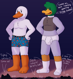 anthro barefoot beak black_waistband blue_boxer_briefs blue_clothing blue_underwear blush boxer_briefs boxer_briefs_only briefs bulge childish_briefs childish_underwear clothed clothing colored_seam_briefs colored_seam_underwear confident crowd dialogue exasperation feathers feet footwear green_body green_feathers grey_body grey_feathers grey_seam_briefs grey_seam_underwear grey_text grey_waistband group insult laugh male orange_beak print_boxer_briefs print_clothing print_underwear socks text tighty_whities topless underwear underwear_only waistband_stripe white_body white_briefs white_clothing white_feathers white_footwear white_socks white_text white_underwear gramy kirby_(series) nintendo kirby anas anatid anseriform anserine avian bird dabbling_duck duck goose mallard hi_res japanese_text story story_in_description