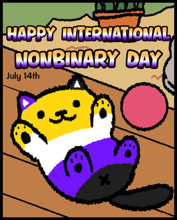 ambiguous_gender anus ball black_border black_eyes border cat_smile feet_in_air feral fur lgbt_pride looking_at_viewer lying multicolored_body multicolored_fur nonbinary_pride_colors on_back outside pawpads paws plant pride_colors purple_body solo tail text white_body x_anus yellow_body conditional_dnp muffinlewds neko_atsume domestic_cat felid feline felis human mammal absurd_res digital_media_(artwork) english_text hi_res nonbinary_(lore)