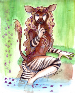 4_fingers accessory anthro big_breasts biped black_body black_hooves black_stripes blonde_hair breasts brown_body brown_horn brown_tail butt butt_pose convenient_censorship eyelashes female fingers flower flower_in_hair gesture gloves_(marking) grass green_background hair hair_accessory hair_covering_breasts hand_gesture hooved_fingers hooves horn humanoid_hands lake leg_markings long_hair looking_at_viewer markings multicolored_body nude ossicone outside partially_submerged petals plant pointing pose purple_eyes raised_leg raised_tail shush side_view simple_background smile snout socks_(marking) solo striped_body stripes tail tail_tuft tuft two_tone_tail water wet white_body yellow_tail shiverz giraffid mammal okapi 2010 censored painting_(artwork) pinup traditional_media_(artwork) traditional_painting_(artwork) traditional_watercolor_(artwork) watercolor_(artwork)
