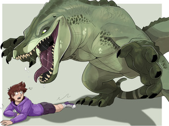 anthro black_claws bodily_fluids bottomwear brown_hair claws clothed clothing duo finger_claws footwear green_background green_body green_scales green_tail hair hoodie lying male male_anthro markings muscular muscular_anthro muscular_male on_front open_mouth purple_clothing purple_footwear purple_hoodie purple_shoes purple_topwear red_tongue saliva saliva_on_tongue saliva_string scales sharp_teeth shoes short_hair shorts simple_background slim_anthro slim_male standing striped_markings striped_tail stripes sweat sweaty_face tail tail_markings tan_body tan_skin teeth toe_claws tongue topwear swampjaws alligator alligatorid crocodilian human mammal reptile scalie hi_res