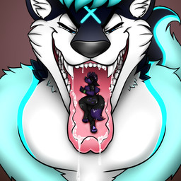 anthro blue_body blue_eyes blue_fur blue_hair blush bodily_fluids cosmic_hair drooling duo ethereal_hair extreme_size_difference fangs femboy fur hair inside_mouth male male/male micro mouth_shot open_mouth oral_vore purple_body purple_fur saliva simple_background size_difference smug soft_vore teeth tongue tongue_out vore vore_tease white_body white_fur willing_prey xab13 mapimoo_(artist) kitsunaki canid canine canis fox mammal wolf 1:1 2025 hi_res