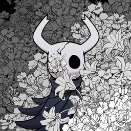 2_horns ambiguous_gender black_body clothed clothing detailed_background empty_eyes flower flower_on_head hanahaki_disease horn looking_at_viewer mouthless plant solo white_flower cheetoeater conditional_dnp hollow_knight_(franchise) team_cherry the_knight_(hollow_knight) humanoid vessel_(species) 1:1 hi_res monochrome nonbinary_(lore)