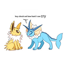 ambiguous_gender blue_body blue_eyes bodily_fluids duo feral fin fur open_mouth simple_background smile sweat sweatdrop tail text white_body white_fur yellow_body yellow_fur cutgut nintendo pokemon eeveelution generation_1_pokemon jolteon pokemon_(species) vaporeon digital_media_(artwork) english_text meme unavailable_at_source