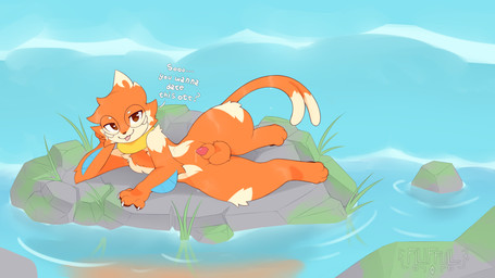 animal_genitalia balls bodily_fluids dripping fur genital_fluids genitals grass looking_at_viewer male orange_balls orange_body orange_fur plant precum precum_drip reflection rock sheath solo water wet wet_body wet_fur fluffull nintendo pokemon crumb_(buizel) buizel generation_4_pokemon pokemon_(species) 16:9 absurd_res hi_res widescreen