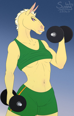 anthro bottomwear breasts clothing dumbbell equis_universe fangs female muscular panties shirt shorts solo t-shirt teeth topwear training under_boob underwear weights sunny_way erian_kelsen kell 2021 digital_drawing_(artwork) digital_media_(artwork) hi_res