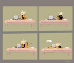 4_fingers anthro black_eyes clothing duo emoji_description eyes_closed fingers fur furniture hair hair_over_eyes male sleeping_on_desk table topwear undressing_self white_body white_fur white_hair yellow_clothing yellow_topwear young young_human young_male jules_nidoqueen nine_sols red_candle_games shuanshuan_(nine_sols) yi_(nine_sols) felid feline human mammal solarian 2025 english_description hi_res