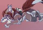 animal_genitalia anthro balls biped black_sclera black_stripes blue_eyes brush brushing brushing_hair claws duo eye_scar eyebrows facial_scar fangs feet fur genitals grey_eyebrows grey_hair hair hindpaw horn kneeling long_hair male markings paws personal_grooming pink_background quadruped sabertooth_(anatomy) scar sheath simple_background snout social_grooming striped_markings striped_tail stripes styling_hair tail tail_markings teeth toe_claws white_body white_fur conditional_dnp puddingpaw echo_(zwerewolf) zal_(zwerewolf) canid canine canis felkin mammal wolf 2025 digital_media_(artwork) hi_res shaded nonbinary_(lore)