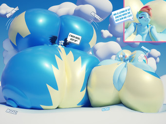 anthro big_breasts big_butt breast_expansion breasts butt butt_expansion cleavage clothed clothing dialogue duo expansion eyewear eyewear_on_head female goggles goggles_on_head growing hair huge_breasts huge_butt hyper hyper_breasts hyper_butt multicolored_hair rainbow_hair sitting_on_cloud sky skyscape smile smirk sound_effects speechless squish wings wonderbolts_uniform darkdraketom friendship_is_magic hasbro my_little_pony mythology mai_(archy) rainbow_dash_(mlp) avian equid equine gryphon horse mammal mythological_avian mythological_creature mythological_equine pegasus pony 3d_(artwork) 4:3 absurd_res blender_(artwork) digital_media_(artwork) hi_res