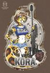 anthro badge barrett_m82 bottomwear breasts brown_hair bullet choker clothed clothing collar denim denim_clothing female fur green_eyes gun hair hand_on_hip jewelry looking_at_viewer midriff navel necklace ranged_weapon rifle shorts smile solo standing weapon yellow_body yellow_fur kacey barrett kora_brandis cheetah felid feline hybrid mammal pantherine snow_leopard 2018 traditional_media_(artwork) watermark