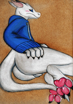 3_toes anthro balls black_eyes blue_sclera blush butt claws clothing feet fluffy fur genitals grumpy hoodie horn male paws presenting simple_background solo tail toes topwear white_body white_fur schizy mythology avyn_drax dragon furred_dragon furred_scalie mythological_creature mythological_scalie scalie hi_res
