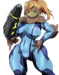 alternate_species anthro beak blonde_hair blue_clothing breasts brown_body brown_feathers butt butt_from_the_front camel_toe clothing feathers female green_eyes hair hand_on_hip looking_at_viewer nipple_outline simple_background solo tight_clothing white_background wide_hips zero_suit cottontail metroid nintendo samus_aran avian chozo 2021 absurd_res hi_res