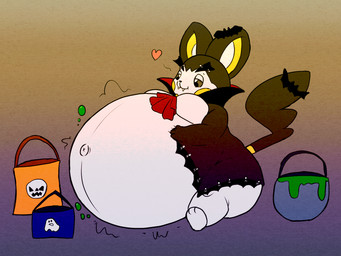 anthro belly belly_inflation big_belly black_ears black_tail bloated fangs green_eyes heart_symbol holidays huge_belly hyper hyper_belly inflation motion_lines navel outie_navel pattern_background simple_background tail teeth trick-or-treating white_inner_ear yellow_inner_ear alvro halloween nintendo pokemon bat emolga generation_5_pokemon mammal pokemon_(species) vampire 2025 4:3 hi_res