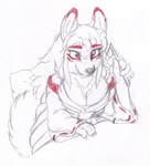 anthro asian_clothing clothing east_asian_clothing facial_markings female head_markings japanese_clothing markings miko_outfit shide simple_background solo white_background kitsune_youkai canid canine fox mammal 2021 hi_res sketch spot_color