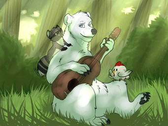 acoustic_guitar ambiguous_gender anthro detailed_background forest grass group guitar male musical_instrument nature outside plant playing_guitar playing_music plucked_string_instrument string_instrument tree whitefeathersrain avian bear bird chicken galliform mammal phasianid polar_bear procyonid raccoon ursine 4:3