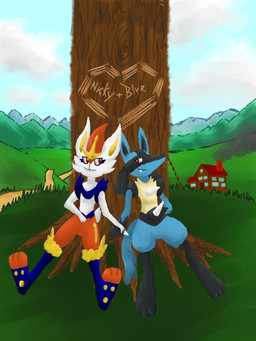 anthro duo male male/male plant relationship sitting text tree rosst_artista nintendo pokemon cinderace generation_4_pokemon generation_8_pokemon lucario pokemon_(species) 3:4 commissioner_name hi_res