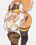 anthro ball baseball_(ball) baseball_cap bent_over big_breasts blonde_hair blue_eyes bodily_fluids breasts catcher's_mitt cleavage clothed clothing countershading female female_anthro hair hanging_breasts hat headgear headwear huge_breasts kemono legwear looking_at_viewer open_mouth raised_tail shirt simple_background solo stockings sweat tail text text_on_clothing text_on_hat text_on_headwear text_on_shirt text_on_topwear thong topwear underwear cervina7_(artist) faeki_(character) canid canine fox mammal 2021 absurd_res hi_res