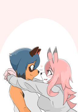 anthro black_hair black_nose blue_eyes blue_hair breasts brown_body brown_fur clothed clothing duo eye_contact facial_markings female fingers fur hair head_markings heart_symbol hug long_hair looking_at_another markings mask_(marking) open_mouth pink_body pink_fur pink_hair shirt tank_top topwear white_body white_fur solt brand_new_animal studio_trigger michiru_kagemori nazuna_hiwatashi canid canine fox mammal raccoon_dog tanuki 2020 hi_res