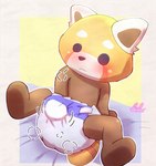 ageplay bed bedroom blush bottomwear clean_diaper clothed clothing diaper furniture hand_in_diaper hand_in_underwear infantilism male masturbation roleplay solo underwear wearing_diaper onechan aggretsuko sanrio resasuke ailurid mammal red_panda