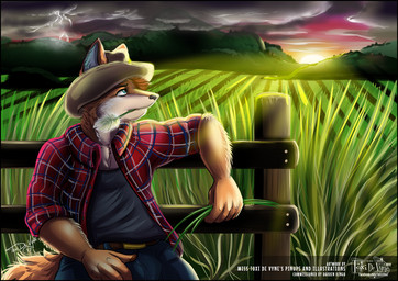 against_fence against_surface australia cane_fields clothing cowboy darren_dingo detailed_background electricity farm farmer fence hat headgear headwear lightning mountain storm sunset toxi_de_vyne_(artist) canid canine canis dingo mammal