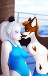 9:14 anthro blush breasts canid canine canis clothing dripping dripping_wet duo female fur hair hi_res kabedon male male/female mammal medium_breasts one-piece_swimsuit orange_hair romantic romantic_couple ruruscube school swimming swimming_pool swimwear wet white_body white_fur white_hair wolf