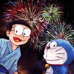 anthro bell black_hair black_sky blue_body blue_fur clothed clothing collar dark duo eyewear fireworks fur glasses hair looking_at_viewer machine male mouth_closed open_mouth pouch_(anatomy) red_collar red_nose sky standing tongue whiskers white_body white_fur mt_tg doraemon doraemon_(character) nobita_nobi domestic_cat felid feline felis human mammal robot 1:1 2019 shaded