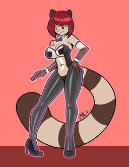 anthro big_breasts black_clothing black_footwear black_high_heels black_latex black_leggings black_legwear bow_tie breasts brown_body brown_fur bunny_costume clothed clothed_anthro clothed_female clothing costume female footwear fur hair hair_over_eyes high_heels latex latex_clothing latex_leggings latex_legwear latex_leotard leggings legwear leotard red_hair shoes solo tail translucent translucent_elbow_gloves translucent_latex lettuce_(artist) erita_(feyro) ailurid mammal red_panda 2026 absurd_res hi_res