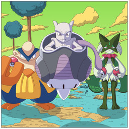 ambiguous_gender border fur green_body green_fur group looking_at_viewer smile tail trio white_border ragster_(artist) nintendo pokemon felid feline generation_1_pokemon generation_3_pokemon generation_9_pokemon hariyama legendary_pokemon mammal meowscarada mewtwo pokemon_(species) 1:1 comic digital_media_(artwork) hi_res