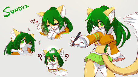 anthro blush bottomwear clothing ear_tuft eating eyes_closed female food green_eyes green_hair hair looking_at_viewer open_mouth open_smile pen question_mark skirt smile solo tuft sollyz sundyz domestic_cat felid feline felis mammal 16:9 2019 widescreen