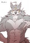 abs biceps fur grey_body grey_fur hair long_hair male multicolored_body multicolored_fur muscular muscular_male nipples pecs scar simple_background solo two_tone_body two_tone_fur white_background white_body white_fur yellow_eyes yu_chi_i morenatsu ten_kodori canid canine canis mammal wolf signature unavailable_at_source