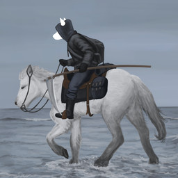 ambiguous_gender anthro black_boots black_bottomwear black_clothing black_footwear black_hood black_jacket black_pants black_topwear boots bottomwear clothing cloud duo feral footwear holding_object holding_reins jacket melee_weapon outside overcast pants pointy_ears polearm riding_horse saddle saddle_bag scythe shoes sky snout topwear water weapon avianvevo equid equine horse mammal 1:1 hi_res