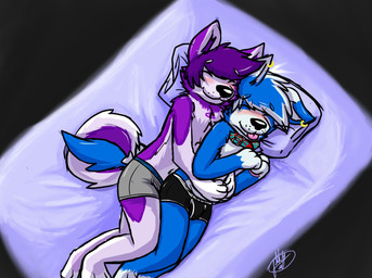 anthro bed biped black_nose blep blue_body blue_ears blue_fur blue_hair blue_tail clothing collar collar_only colored_seam_underwear cuddling duo ear_piercing ear_ring fur furniture hair happy lying male male/male monotone_hair multicolored_body multicolored_fur nude pawpads piercing pillow pink_pawpads purple_body purple_ears purple_fur purple_hair purple_inner_ear purple_tail ring_piercing spooning tail tongue tongue_out two_tone_body two_tone_fur two_tone_tail underwear white_body white_ears white_fur white_hair white_inner_ear white_seam_underwear white_tail gaokun gao_(gaokun) shady border_collie canid canine canis collie domestic_dog herding_dog husky hybrid mammal nordic_sled_dog pastoral_dog samoyed sheepdog spitz wolf 2015 watermark