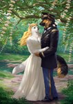 anthro army_uniform blonde_hair clothing collar detailed_background dress_uniform duo female grass hair hat headgear headwear male male/female military military_uniform plant ribbons rock smile smiling_at_another smiling_at_partner tail tree uniform water wedding alsares u.s._army alora77 magarnan canid canine canis domestic_dog german_shepherd herding_dog mammal pastoral_dog hi_res