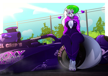 anthro bedroom_eyes bodysuit car cleavage_cutout clothing cutout female grey_body grey_hair hair hoodie lipstick machine makeup narrowed_eyes pose purple_lipstick purple_outfit race_car racing_suit seductive skinsuit solo tail thick_thighs tight_clothing topwear vehicle beanontoast five_nights_at_freddy's five_nights_at_freddy's:_security_breach scottgames steel_wool_studios roxanne_wolf animatronic canid canine canis mammal robot wolf hi_res pinup