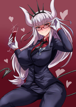 alcohol beverage big_breasts bottomwear breasts clothing eyewear female glass glasses gloves gradient_background handwear heart_symbol necktie not_furry occult_symbol pants sigil sigil_of_lucifer simple_background solo suit symbol wine torahime helltaker lucifer_(helltaker) demon humanoid 2020 absurd_res hi_res