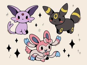 black_body blue_body cheek_tuft chibi eyelashes facial_tuft female female_feral feral group open_mouth pink_body purple_body side_view simple_background sitting sparkles standing tan_background toony toony_eyes trio tuft white_body yellow_body plushyhart nintendo pokemon eeveelution espeon generation_2_pokemon generation_6_pokemon pokemon_(species) sylveon umbreon 4:3 hi_res