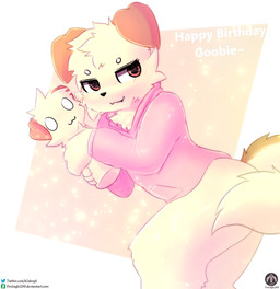 anthro blush clothing floppy_ears fur hug hugging_object hugging_plushie male pink_clothing plushie solo text senz jordyn_(goobysart) canid canine canis domestic_dog mammal absurd_res hi_res url