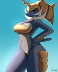 anthro armor bikini_armor blue_body breasts curvy_figure cute_fangs fangs female hand_on_hip headgear helmet looking_at_viewer orange_eyes solo teeth tuft unconvincing_armor conditional_dnp paradoxing nintendo pokemon generation_5_pokemon pokemon_(species) samurott 2023 4:5 digital_media_(artwork) digital_painting_(artwork) hi_res signature