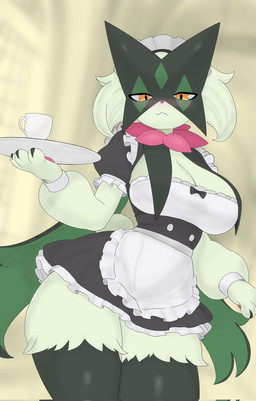 anthro big_breasts big_butt breasts butt cleavage clothed clothing container cup curvy_figure dress female fur green_body green_fur holding_object holding_plate hourglass_figure maid_uniform plate pokemorph short_dress small_waist solo tea_cup thick_thighs uniform wide_hips yellow_eyes shay_the_one nintendo pokemon felicity_(meowscarada) felid feline generation_9_pokemon mammal meowscarada pokemon_(species) hi_res