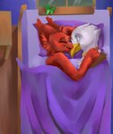 ambiguous_gender anthro beak bed bed_sheet bedding bedroom blue_eyes brown_body brown_feathers cuddling duo eyes_closed feathers fur furniture hug looking_at_another male male/ambiguous pillow red_body red_fur sleeping smile white_body white_feathers unknown_artist msi mythology adlerseven lucky_(msi) accipitrid accipitriform avian bald_eagle bird dragon eagle mythological_creature mythological_scalie scalie sea_eagle 2023 hi_res