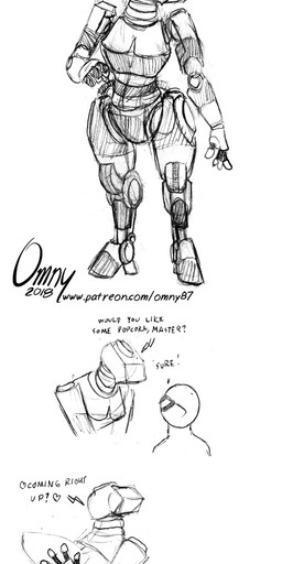 4_fingers clothing fingers food footwear high_heels machine popcorn shoes text wide_hips omny87 anon android animate_inanimate robot comic english_text hi_res long_image monochrome tall_image traditional_media_(artwork) url