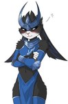 anthro armor black_body black_fur blue_eyes blush clothed clothing crossdressing crossed_arms embarrassed femboy fur grumpy headgear headwear legwear male metal multicolored_body multicolored_fur skimpy solo stockings thick_thighs thigh_highs white_body white_fur gess11 the_great_warrior_wall bing_liu lagomorph leporid mammal rabbit absurd_res hi_res