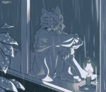 anthro biped candle fur hair leaf long_hair male music raining sitting_on_window_sill solo white_body white_fur tatujapa canid canine canis mammal wolf animated greyscale long_playtime monochrome sound webm