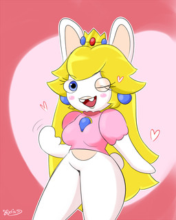 anthro blonde_hair blue_ear_piercing blush bottomless bottomless_anthro bottomless_female breasts buckteeth clothed clothed_anthro clothed_female clothing crown ear_piercing eyebrow_through_hair eyebrows eyelashes featureless_crotch female female_anthro fur gem gesture hair happy headgear heart_symbol light lips long_ears long_hair looking_at_viewer medium_breasts mitten_hands multicolored_body noseless one_eye_closed open_mouth open_smile outline piercing pink_clothing pink_shirt pink_topwear red_background red_tongue ruby_(gem) sapphire_(gem) scut_tail shirt short_tail simple_background smile smiling_at_viewer solo standing tail tan_body tan_eyelids tan_inner_ear tan_lips tan_skin teeth thick_thighs thin_eyebrows tongue topwear translucent translucent_hair two_tone_body waving waving_at_viewer white_body white_fur white_outline white_tail wink winking_at_viewer xelius mario_bros mario_plus_rabbids_kingdom_battle nintendo raving_rabbids rayman_(series) ubisoft rabbid_peach lagomorph mammal rabbid 2024 4:5 colored crossover digital_drawing_(artwork) digital_media_(artwork) english_description hi_res lighting shaded signature