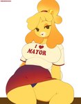 anthro big_breasts bottomwear breasts clothed clothing eyebrows eyelashes female hair panties shirt simple_background sitting skirt solo t-shirt tail text thick_thighs topwear underwear white_background wide_hips yellow_body cherrikissu animal_crossing nintendo isabelle_(animal_crossing) canid canine canis domestic_dog mammal shih_tzu toy_dog 2024 artist_name english_text hi_res