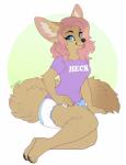 anthro big_ears biped clean_diaper clothed clothing diaper female looking_at_viewer paws sitting smile solo tongue wearing_diaper strawberryneko canid canine fennec_fox fox mammal true_fox hi_res