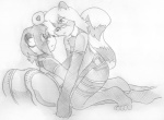 ambiguous_gender anthro cuddling duo eyewear glasses romantic romantic_couple tail unknown_artist kaishi ailurid bear giant_panda mammal red_panda graphite_(artwork) greyscale monochrome traditional_media_(artwork)