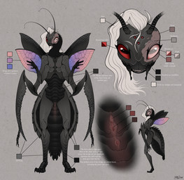 antennae_(anatomy) anthro arthropod_abdomen biped breasts clitoris compound_eyes exoskeleton exposed_breasts female female_anthro genitals geometric_markings hair heterochromia insect_wings mandibles ocellis raptorial_(anatomy) red_eyes scar solo unusual_anatomy vulva white_hair wings shon2 arthropod insect mantis absurd_res hi_res model_sheet