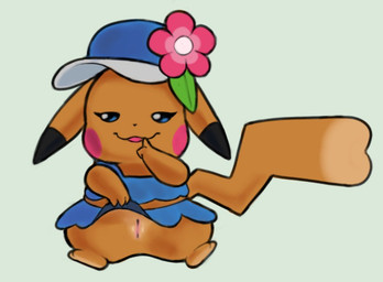 baseball_cap bedroom_eyes bikini_skirt blue_clothing bottomwear cheek_spots clothed clothing clothing_lift female feral flashing flashing_pussy flower_accessory genitals hat headgear headwear innie_vulva narrowed_eyes no_underwear pivoted_ears presenting presenting_vulva ruffled_bikini seductive shush sitting skirt skirt_lift small_vulva smile solo spread_legs spreading swimwear two-piece_swimsuit upskirt upskirt_photo upskirt_view vulva mrmystery_guy nintendo pokemon pokemon_winds_and_waves ms._wavychu generation_1_pokemon pikachu pokemon_(species)